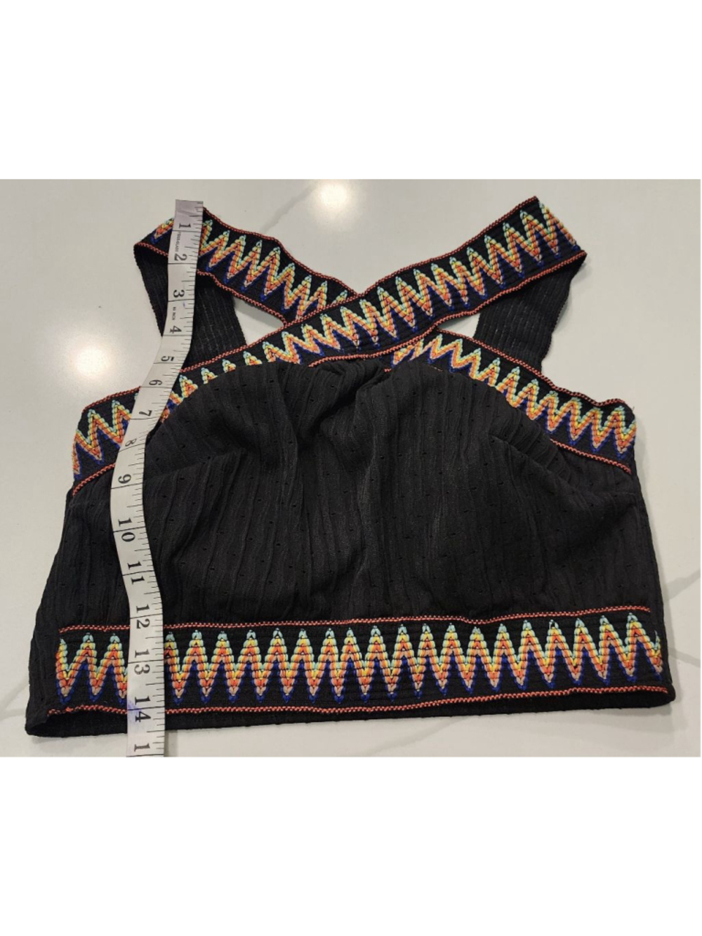 Black 1XL High Waisted Bikini Set Crisscross Straps Rainbow Embroidered Ribbed - Picture 9 of 12
